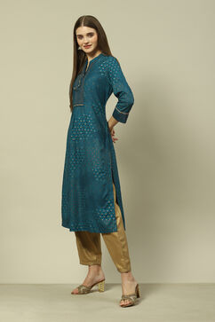 Teal Blue Viscose Straight Printed Kurta image number 2