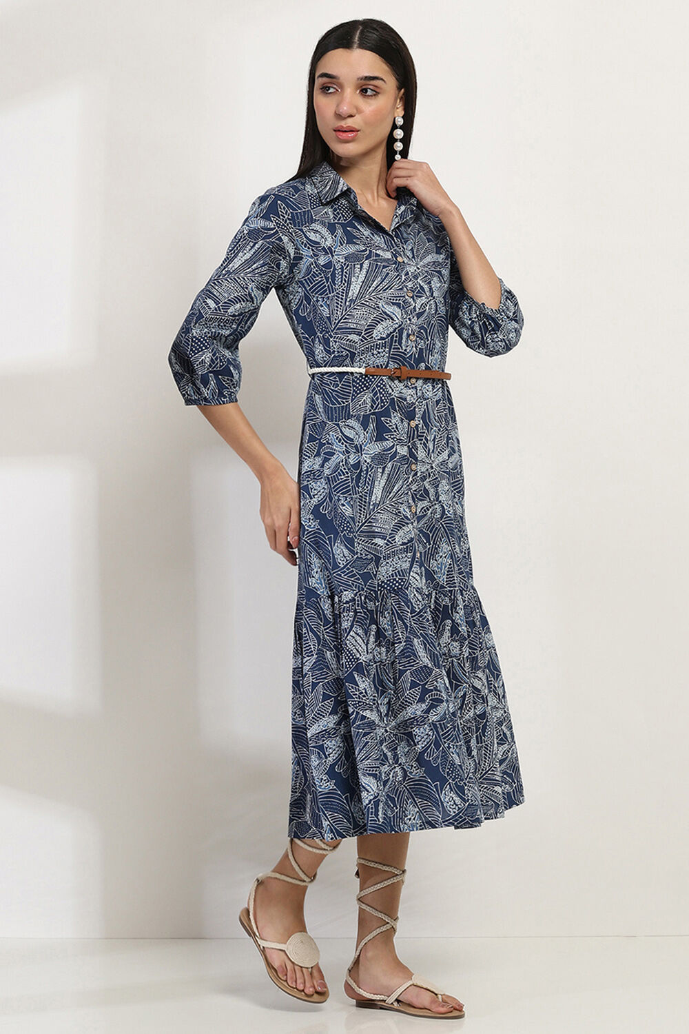 Indigo Cotton Printed Tiered Dress image number 4