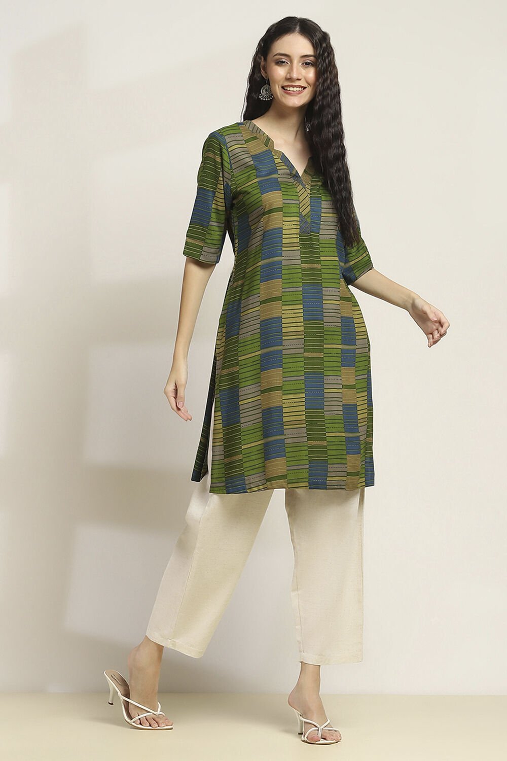 Olive Green Printed Straight Kurta image number 4