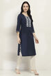 Indigo Cotton Blend Straight Kurta image number 4