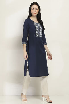 Indigo Cotton Blend Straight Kurta image number 4
