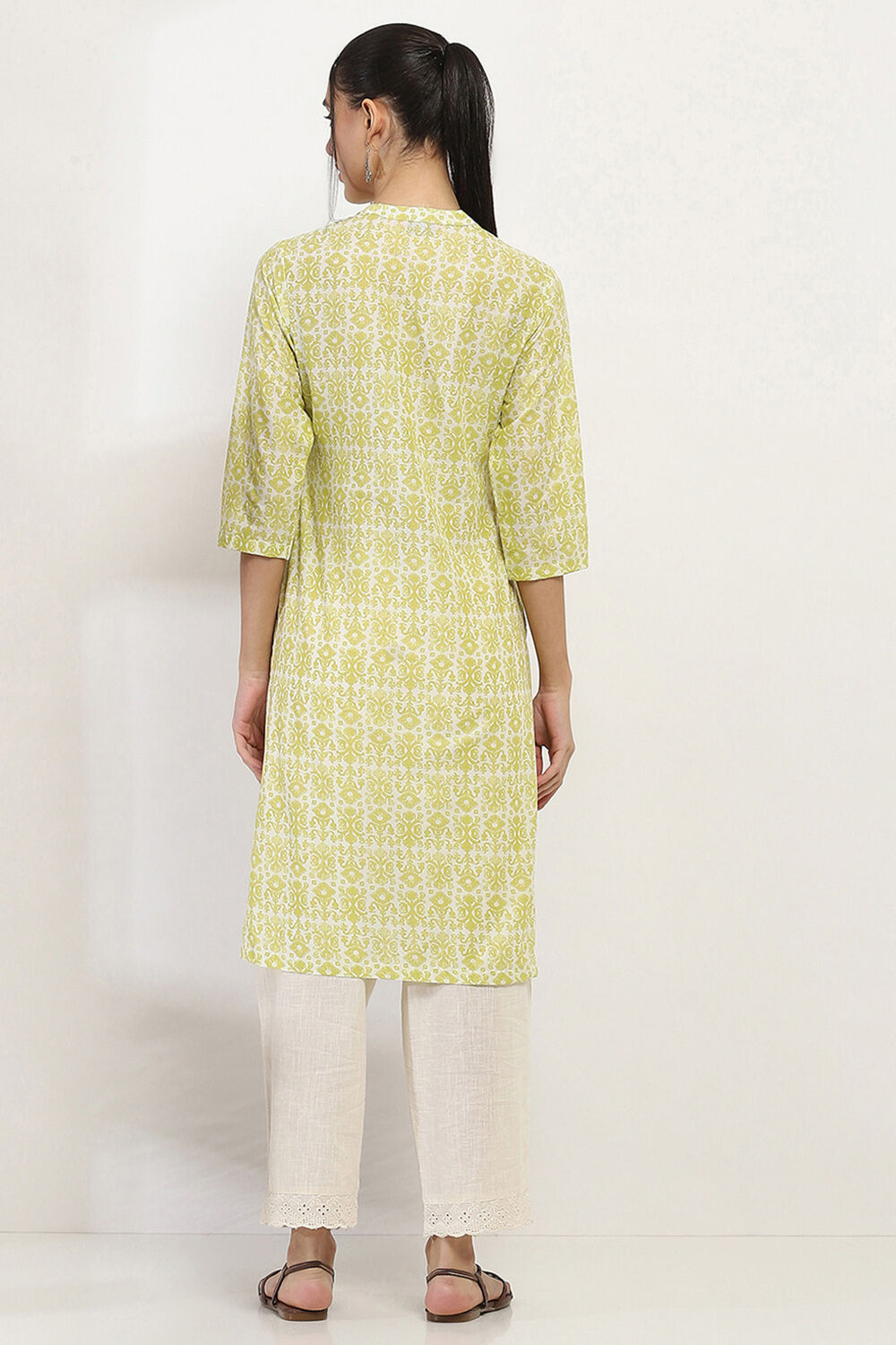 Lime Cotton Printed Straight Kurta image number 3