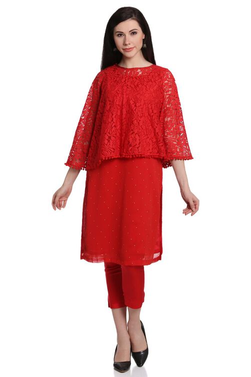 Red Art Silk Straight Suit Set image number 0