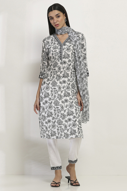 White and Black Printed Straight Suit Set image number 0