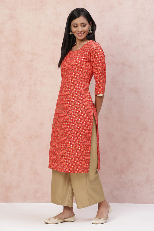 Red Cambric Cotton Straight Kurta image number 3