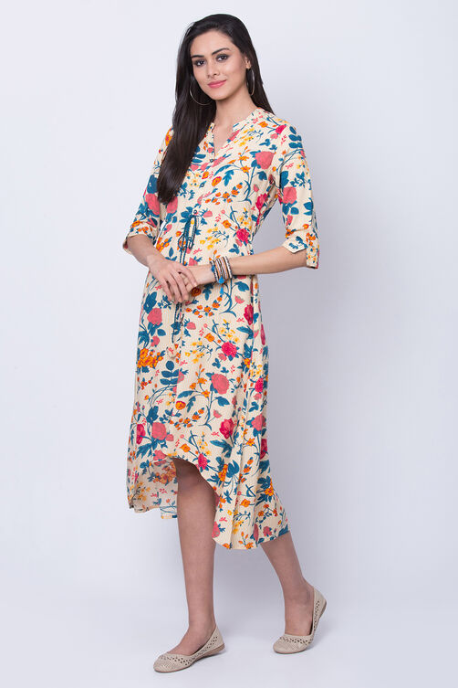 Off White Viscose Rayon A Line Dress image number 3