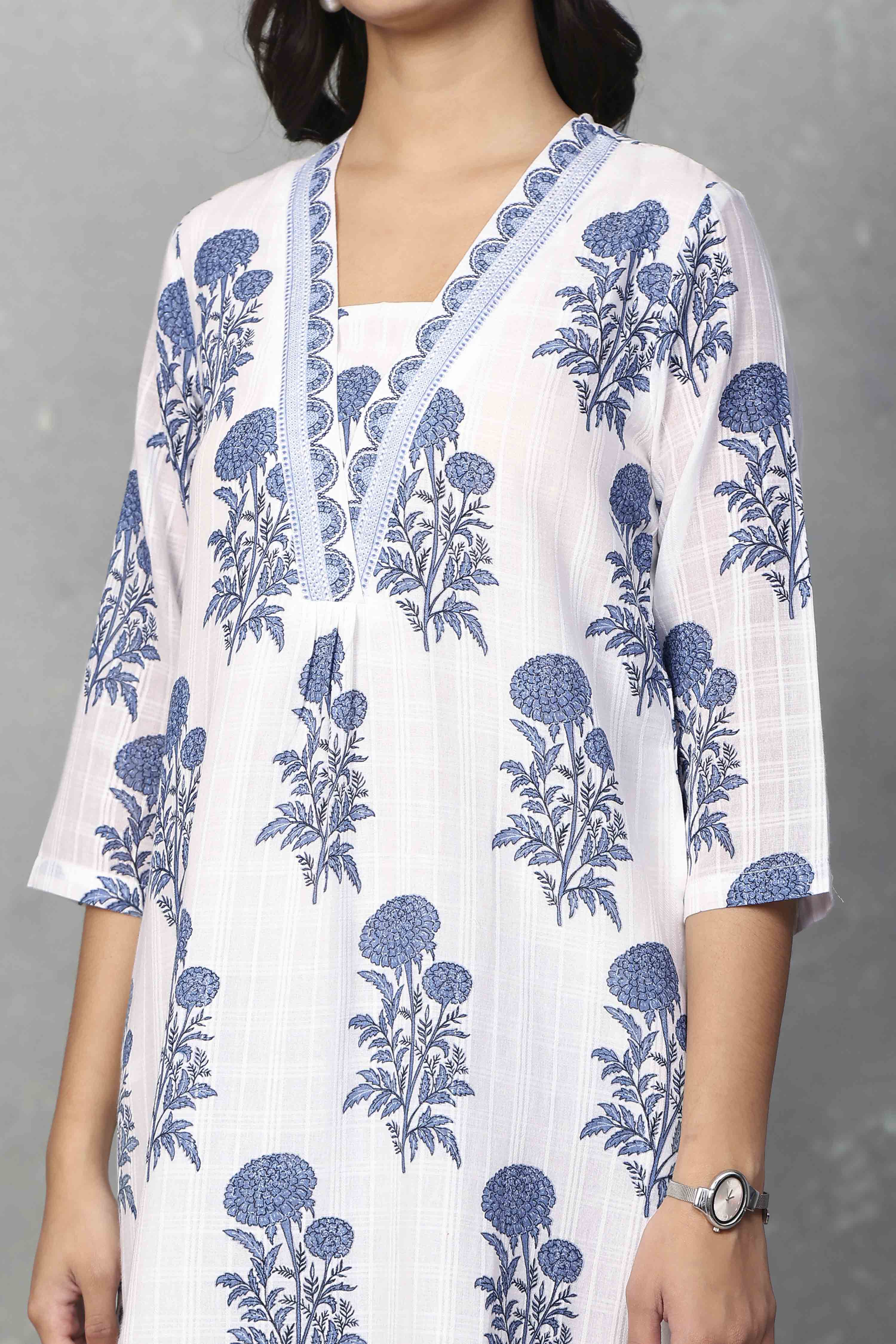 White Cotton Printed Straight Kurta image number 1