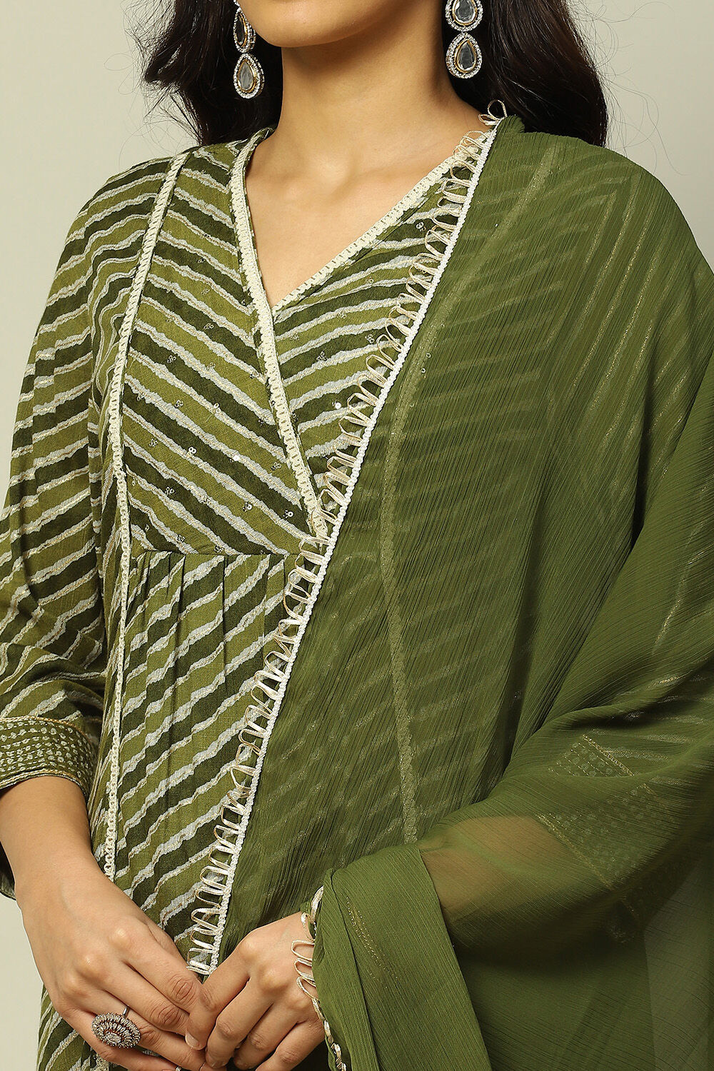 Olive Green Viscose Printed Pleated Straight Suit Set image number 1