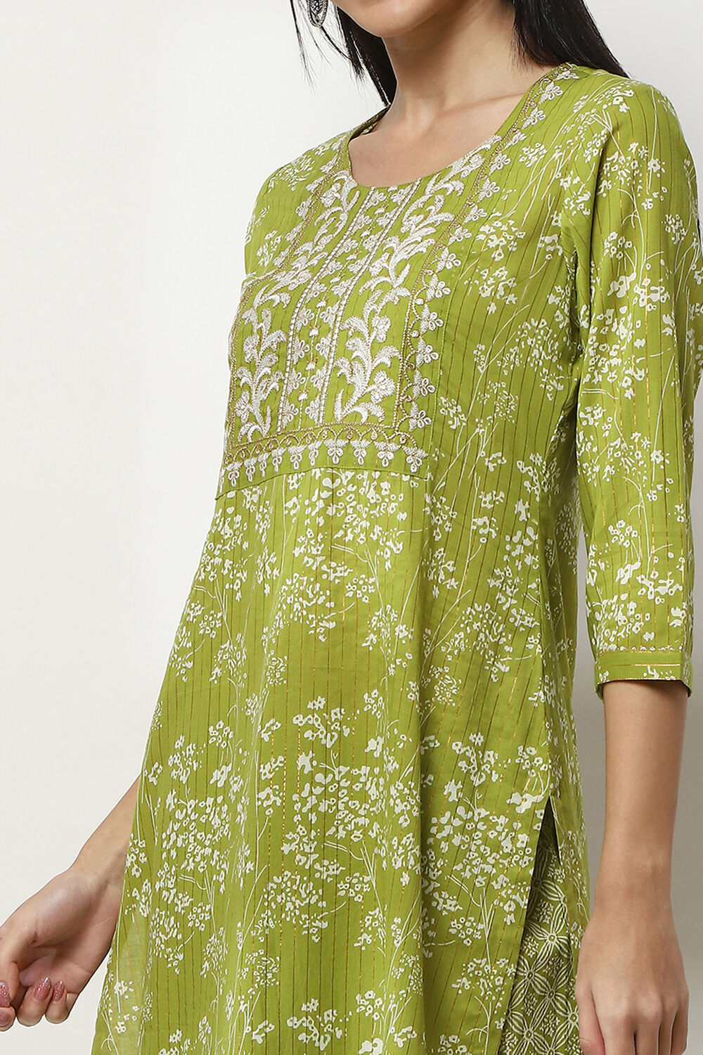 Green Cotton Printed Straight Suit Set image number 1