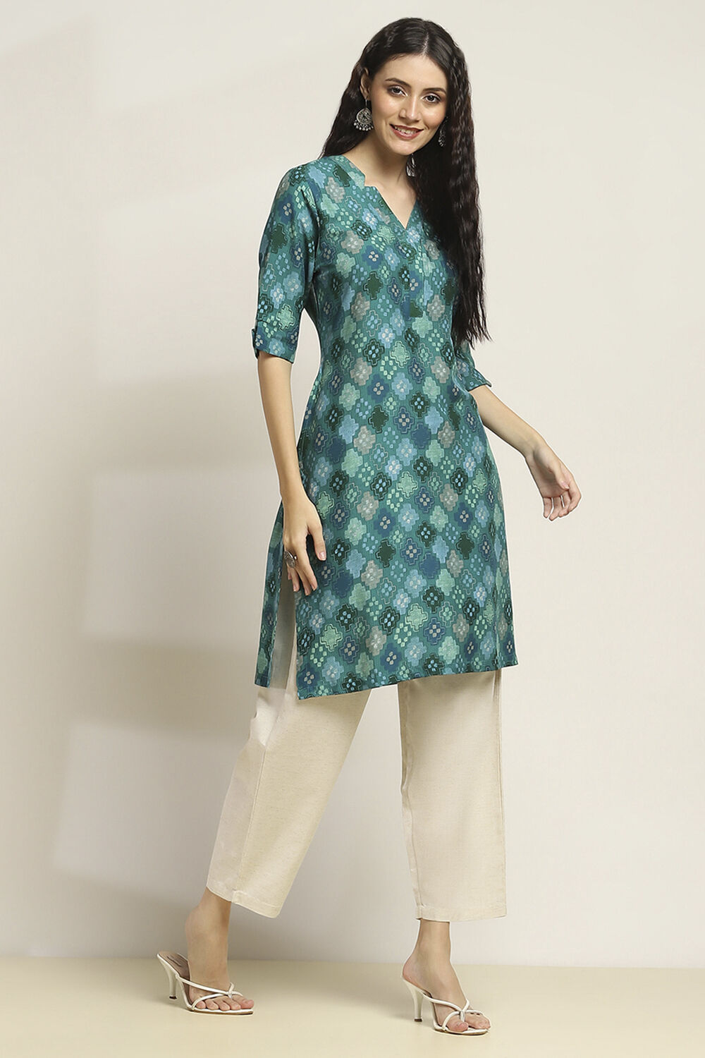 Teal Blue Printed Straight Kurta image number 4