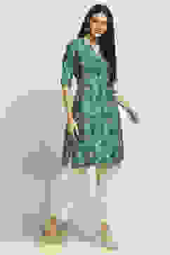 Teal Blue Printed Straight Kurta image number 4