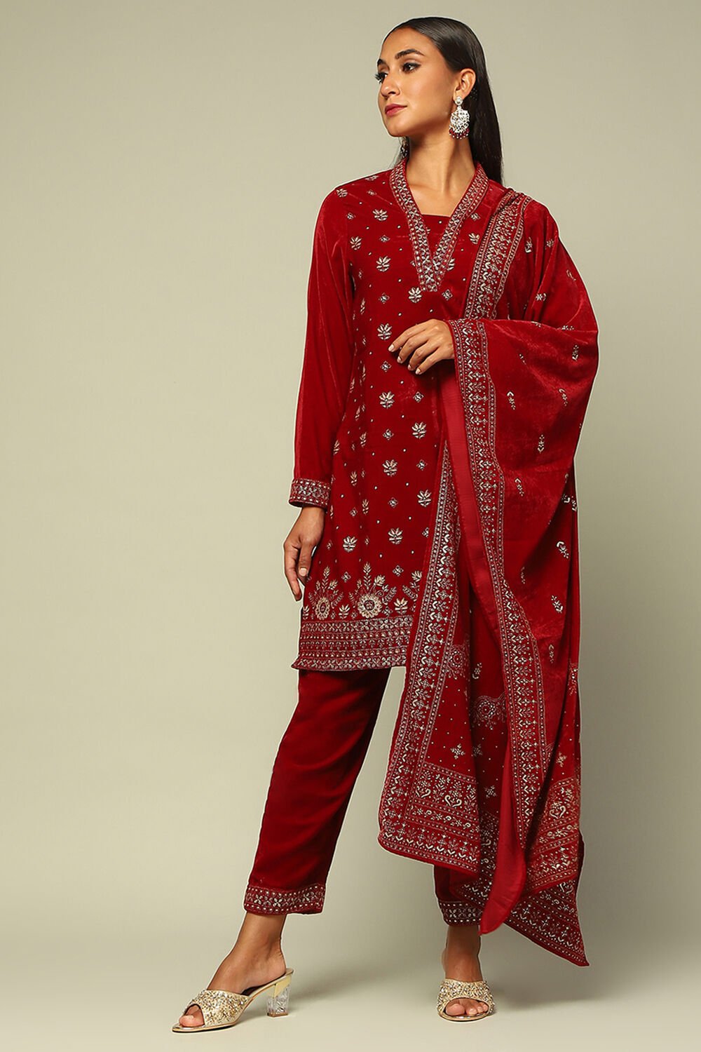 Red Poly Velvet Straight Printed Kurta Palazzo Suit Set image number 6