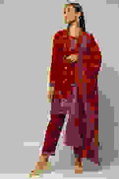 Red Poly Velvet Straight Printed Kurta Palazzo Suit Set image number 6