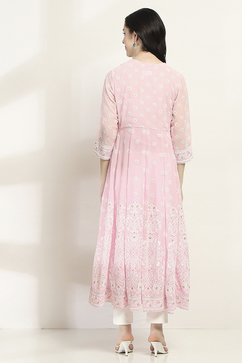 Pink Printed Kalidar Kurta image number 3
