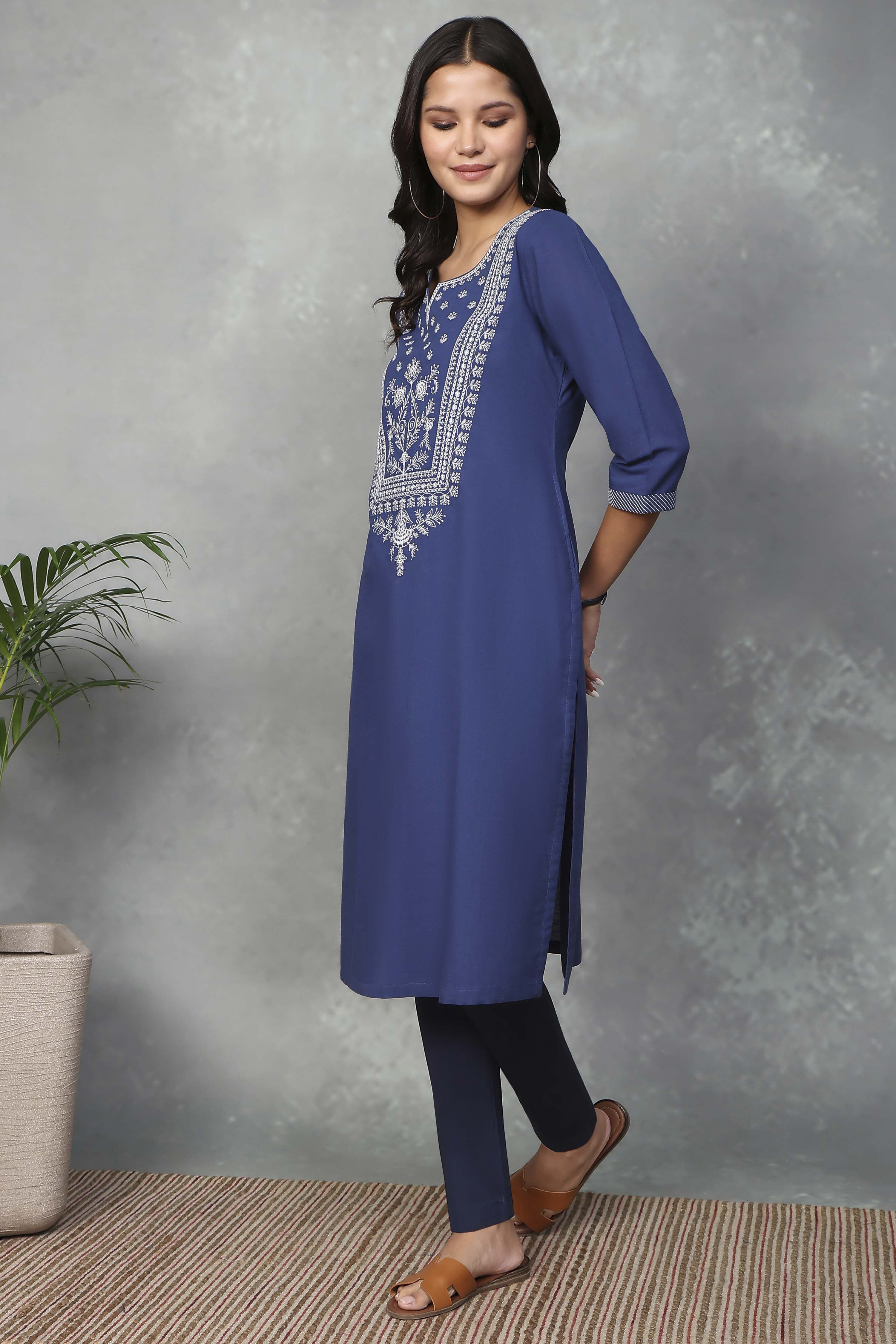 Indigo Cotton Straight Kurta image number 2