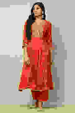 Rust Viscose Shantoon Embroidered A-line Kurta image number 5