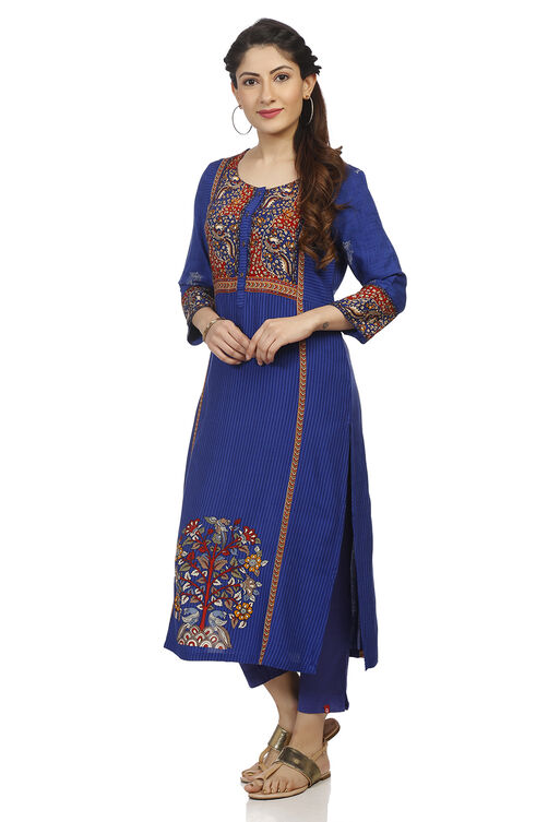 Blue Straight Viscose Kurta image number 3