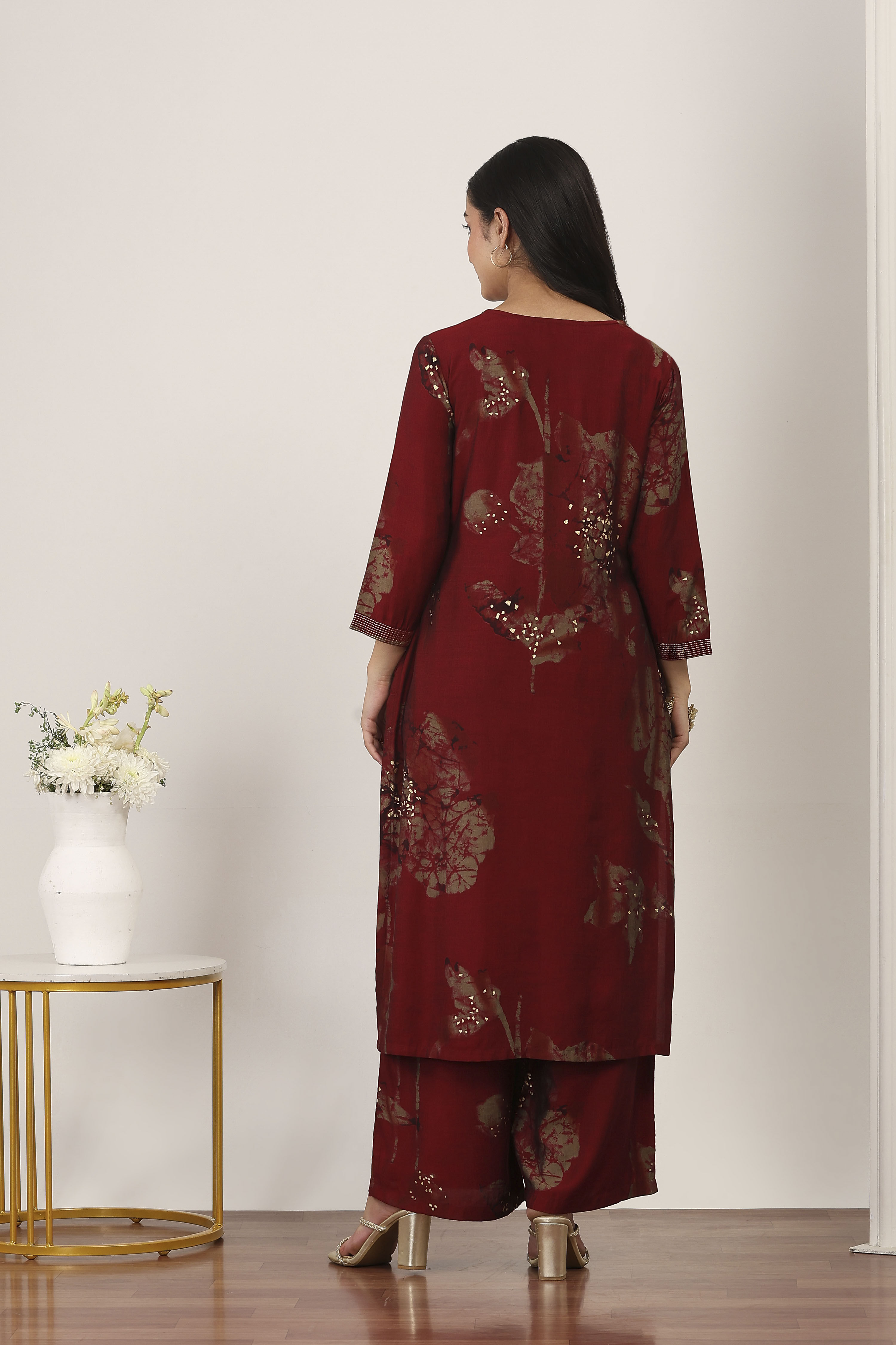 Maroon Viscose Polyester Viscose Rayon Kurta Pants Set image number 4
