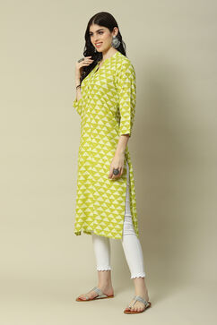 Lime Green LIVA Straight Printed Kurta image number 2