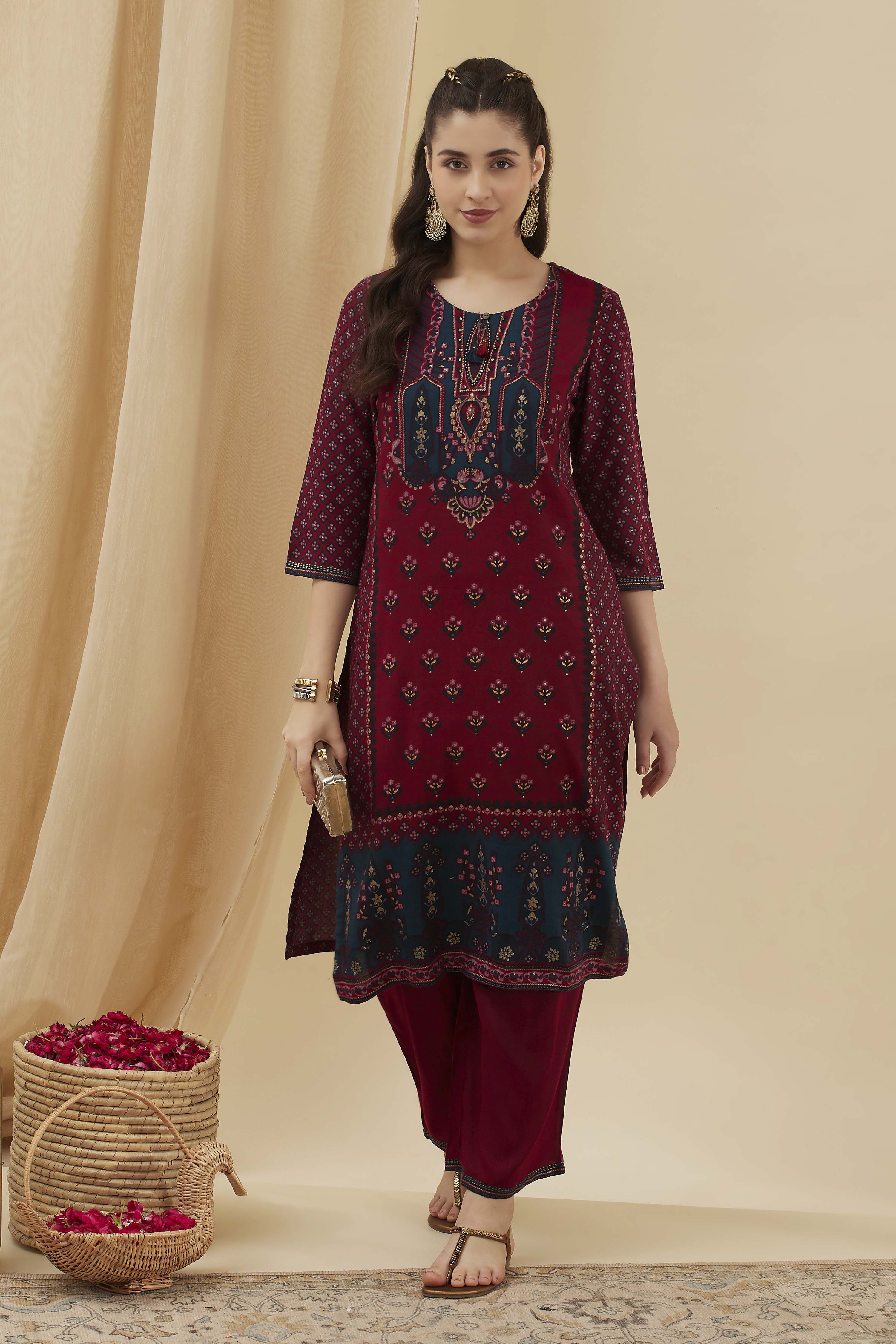 Pink Viscose Blend Straight Printed  image number 0