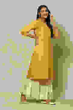 Yellow LIVA Straight Printed Kurta image number 3