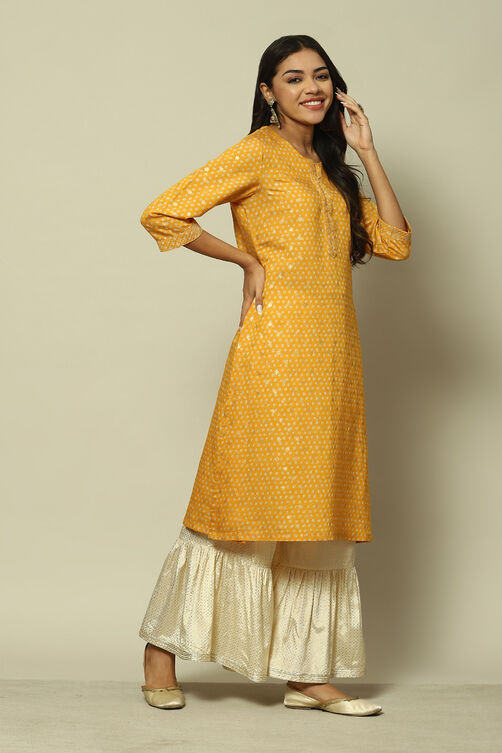 Yellow LIVA Straight Printed Kurta image number 3