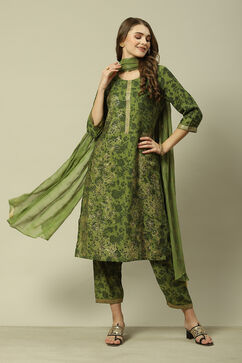 Green LIVA Chiffon Straight Printed Kurta Palazzo Suit Set image number 4