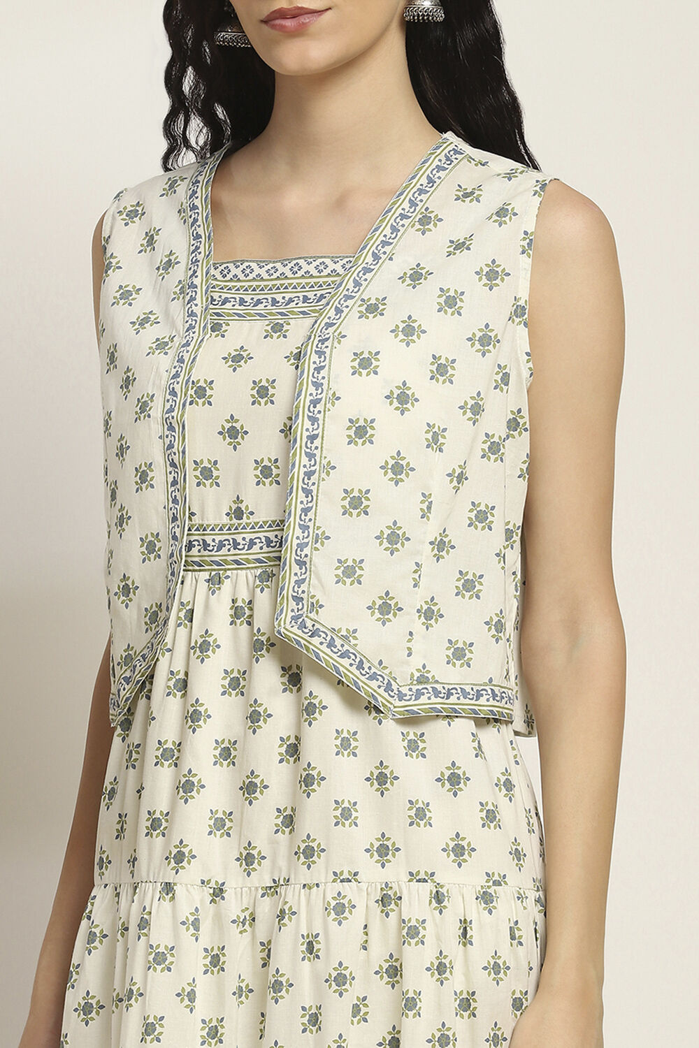 Off-White Cotton Printed Tiered Dress image number 1