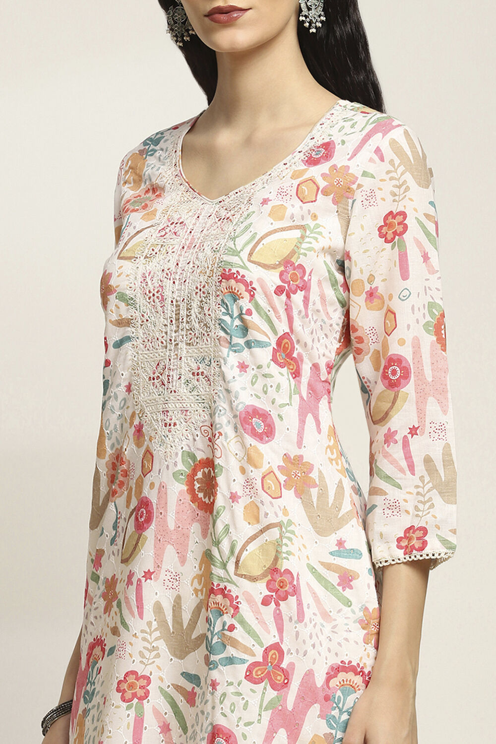 Off-White Cotton Floral Straight Suit Set image number 1