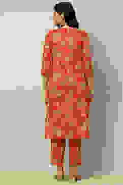 Red Cotton Lurex Floral Printed Straight Suit Set image number 4