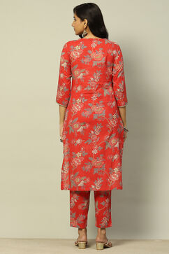 Red Cotton Lurex Floral Printed Straight Suit Set image number 4