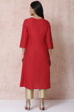 Red Cotton Flax A Line Kurta image number 4