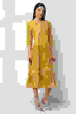 Yellow Cotton Printed Flared Dress image number 4