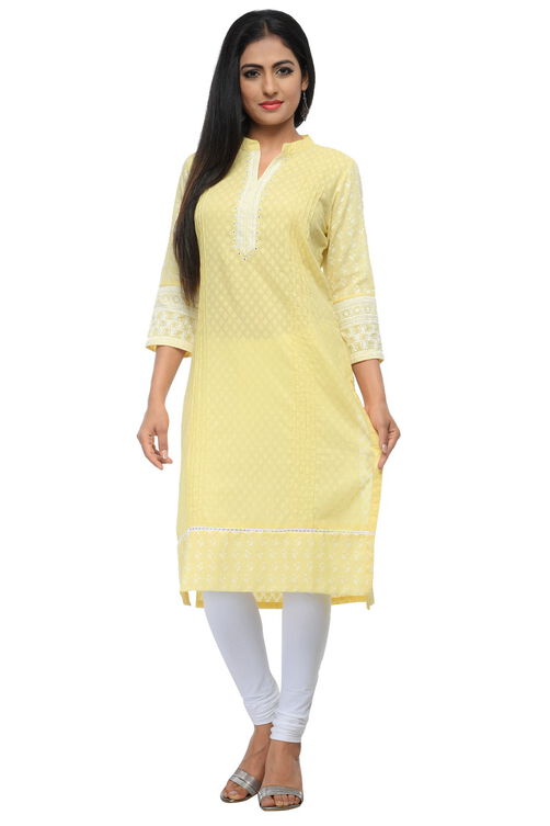 Light Yellow Cotton Straight Kurta image number 0