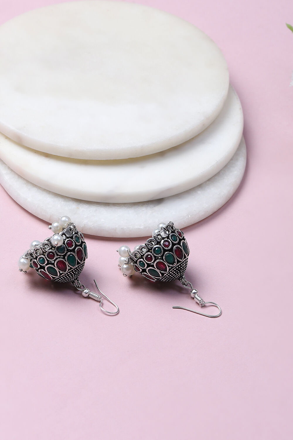 Pink-Green Alloy Jhumkas image number 2
