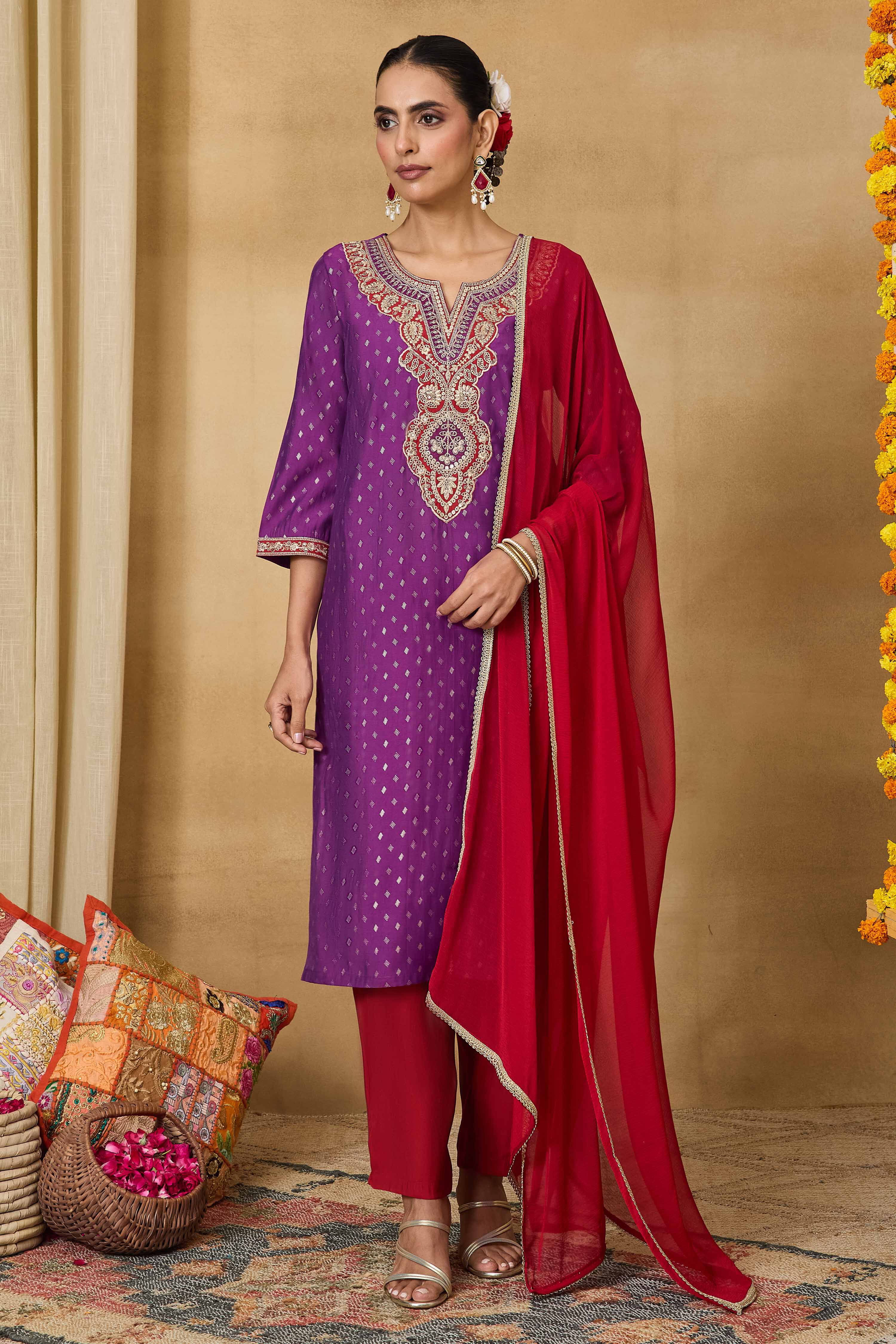 Purple Viscose Blend Straight Printed Suit Set image number 7