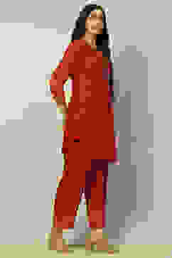 Red Viscose Blend Printed Festive Co-ord Set image number 5