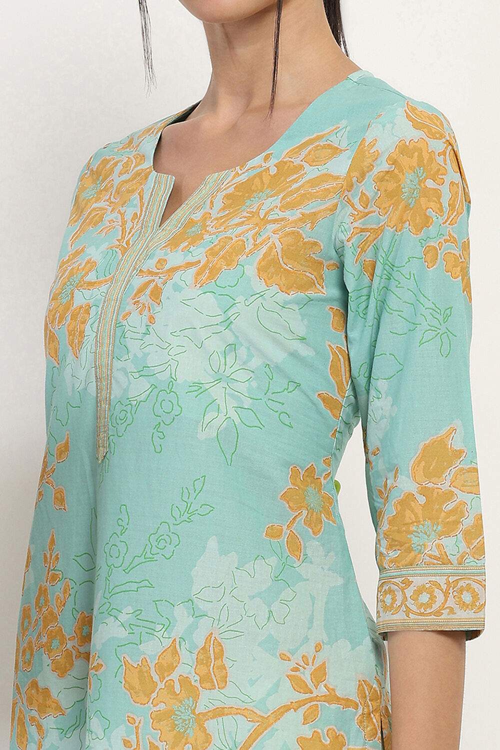 Aqua Cotton Printed Straight Kurta image number 1