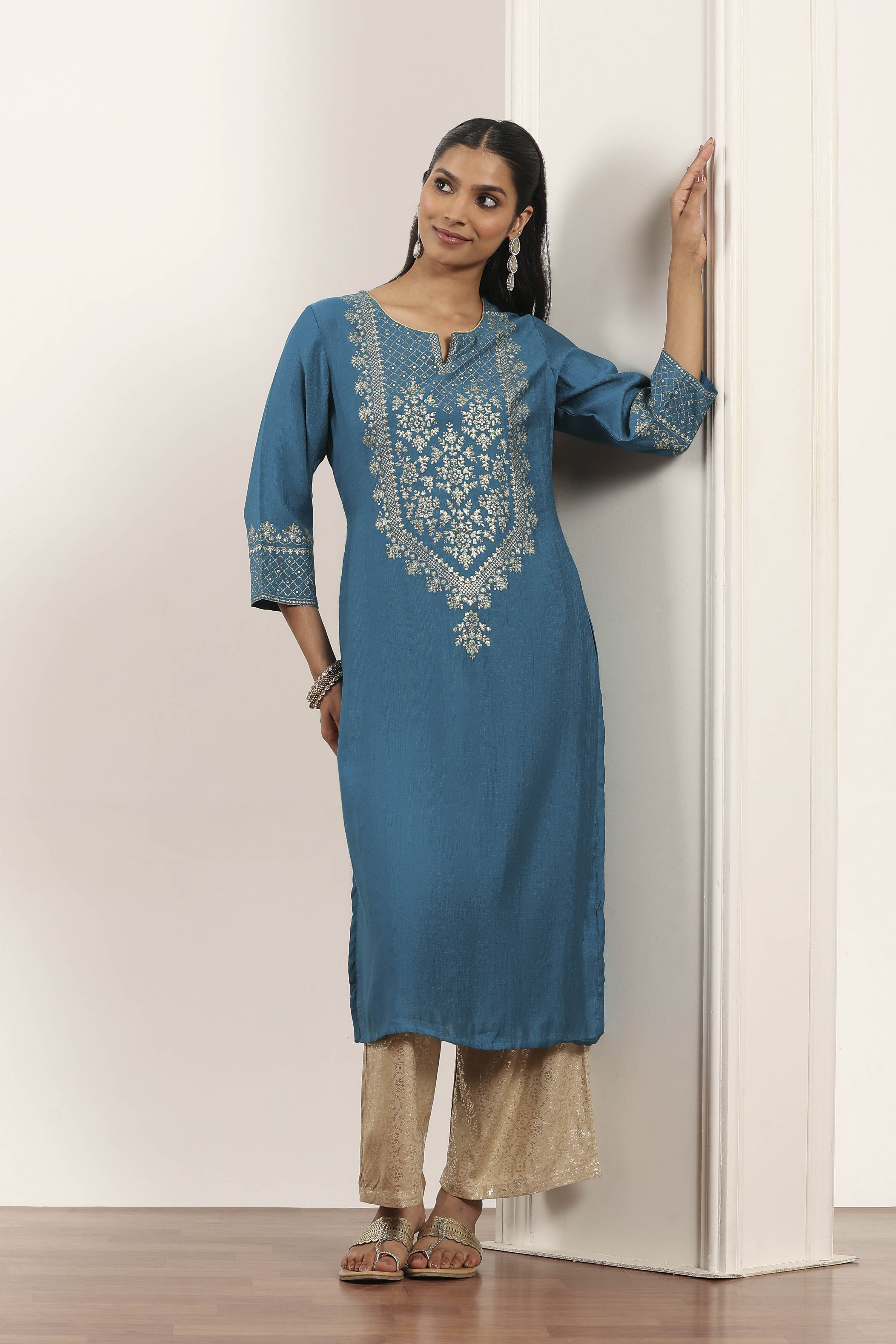 Aqua Viscose Rayon Straight Kurta Pants Set image number 0