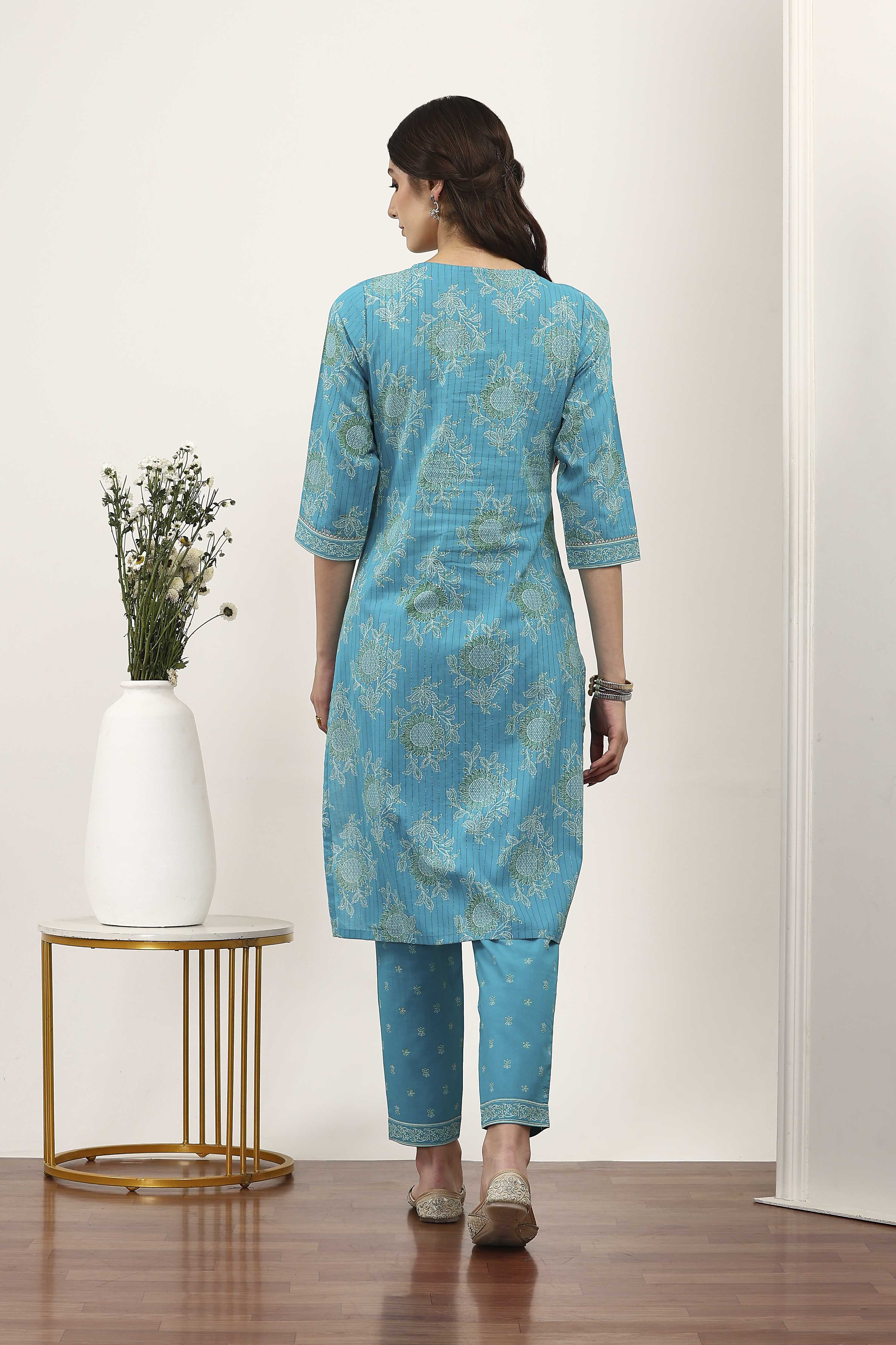 Blue Cotton Straight Suit Sets image number 4