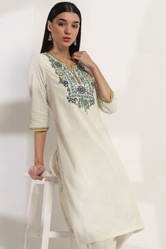Off-White Cotton Blend Straight Kurta Set image number 6