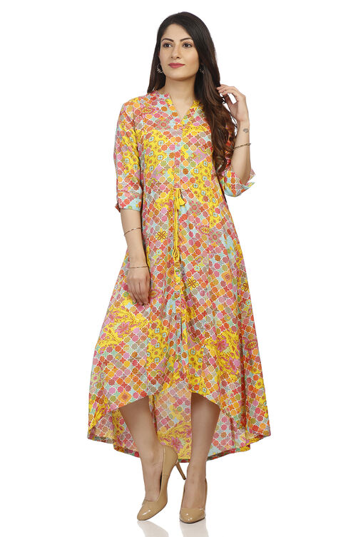 Yellow Flared Viscose Rayon Dress image number 0