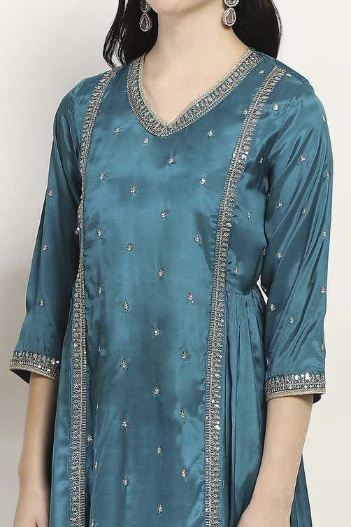 Teal Viscose Gathered Dress image number 1