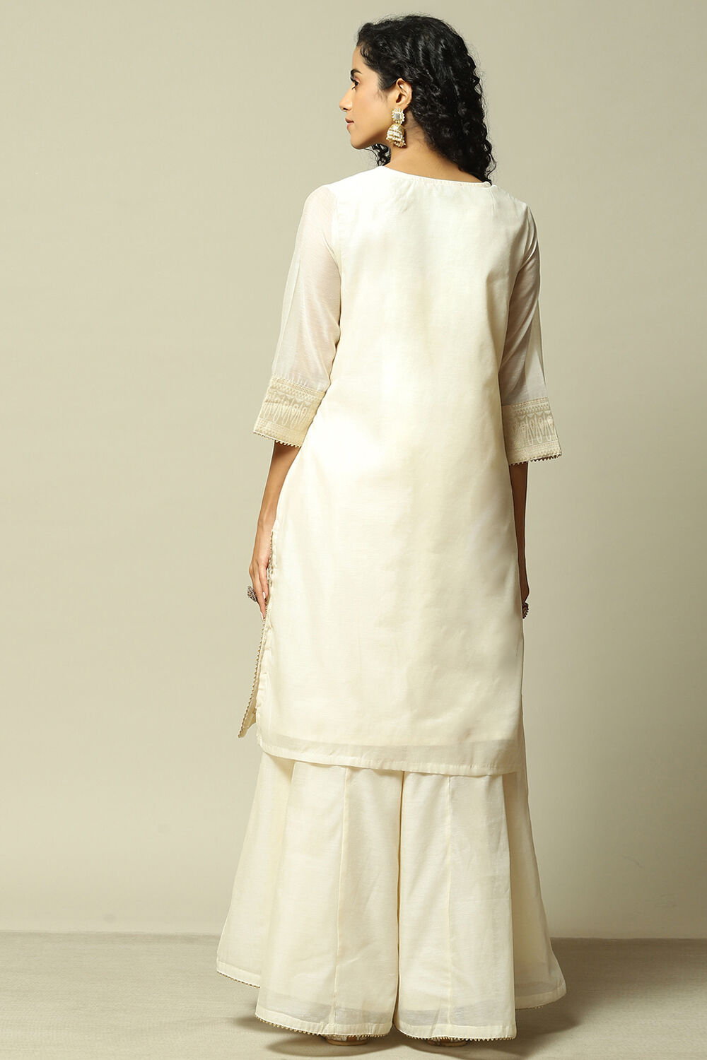 Off White Polyester Straight Yarndyed Kurta Palazzo Suit Set image number 5