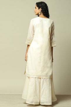 Off White Polyester Straight Yarndyed Kurta Palazzo Suit Set image number 5