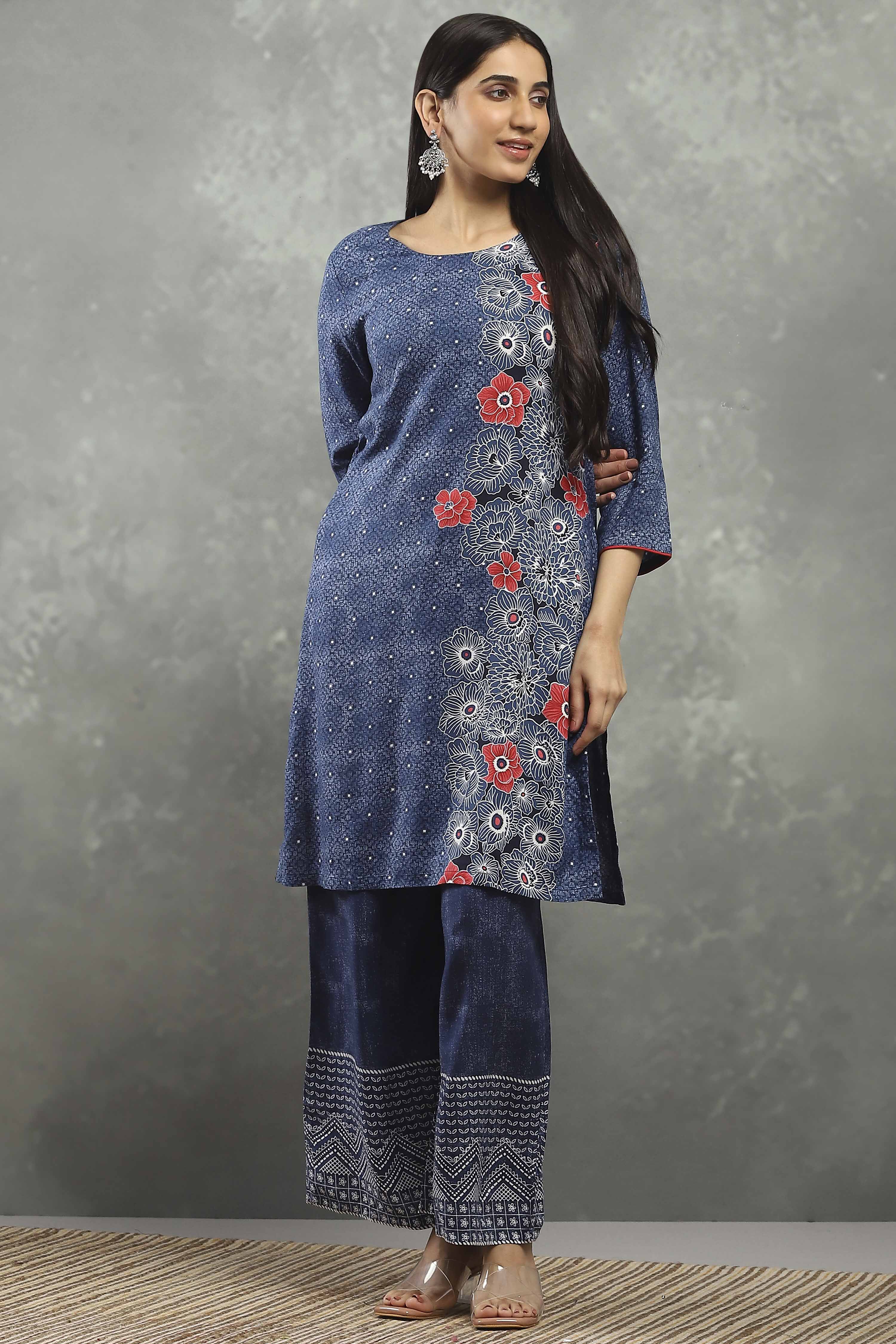 Blue Viscose Straight Kurta Pants Set image number 0