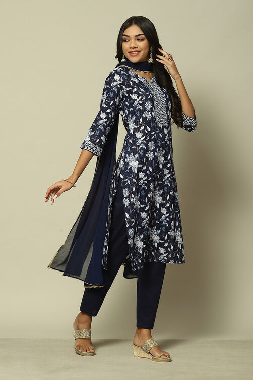 Indigo Blue Cotton Straight Printed Kurta Palazzo Suit Set image number 6