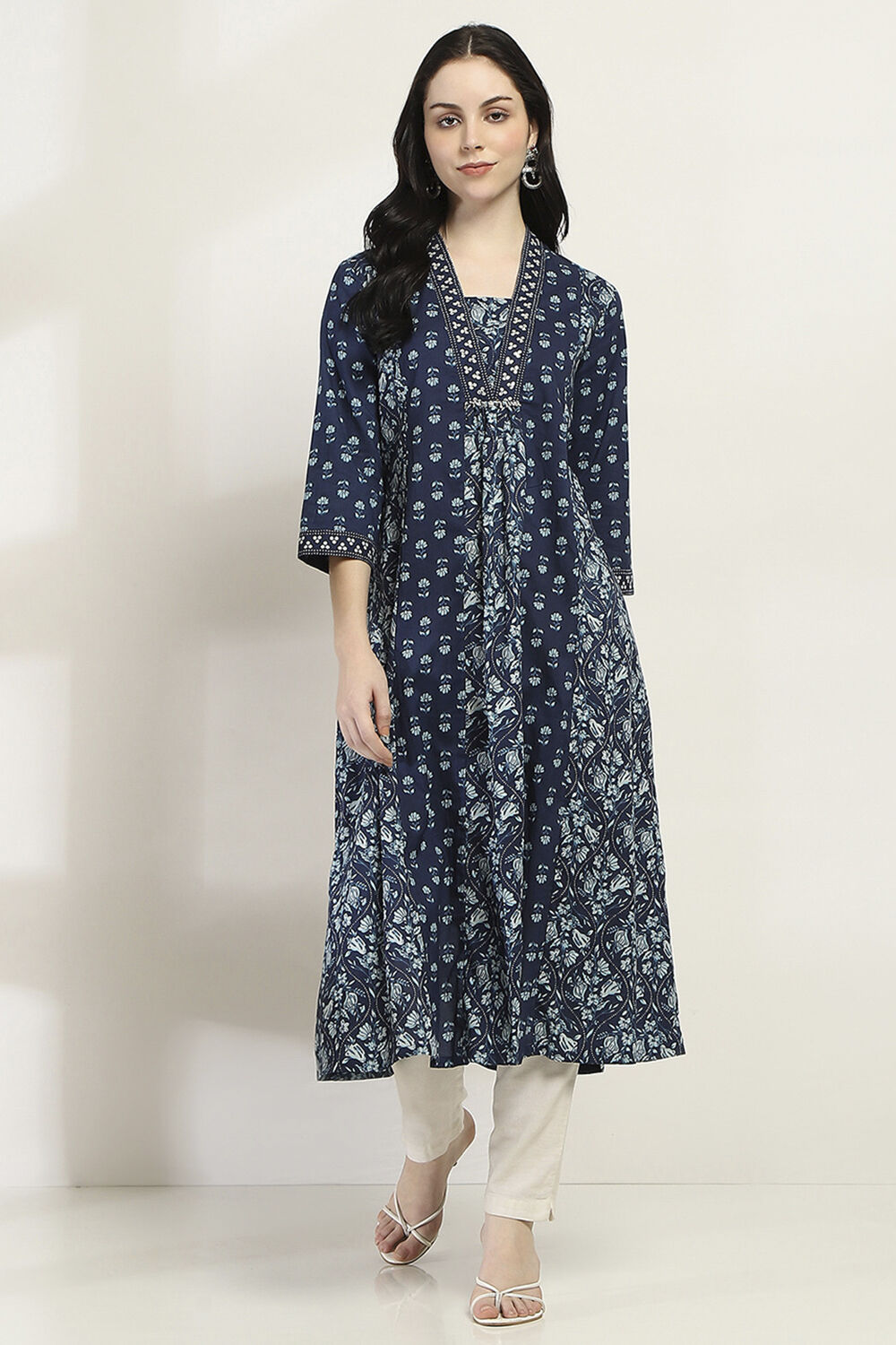 Indigo Cotton Printed A-Line Kurta image number 5