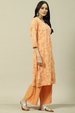 Orange LIVA Woven Straight Kurta Suit Set image number 5