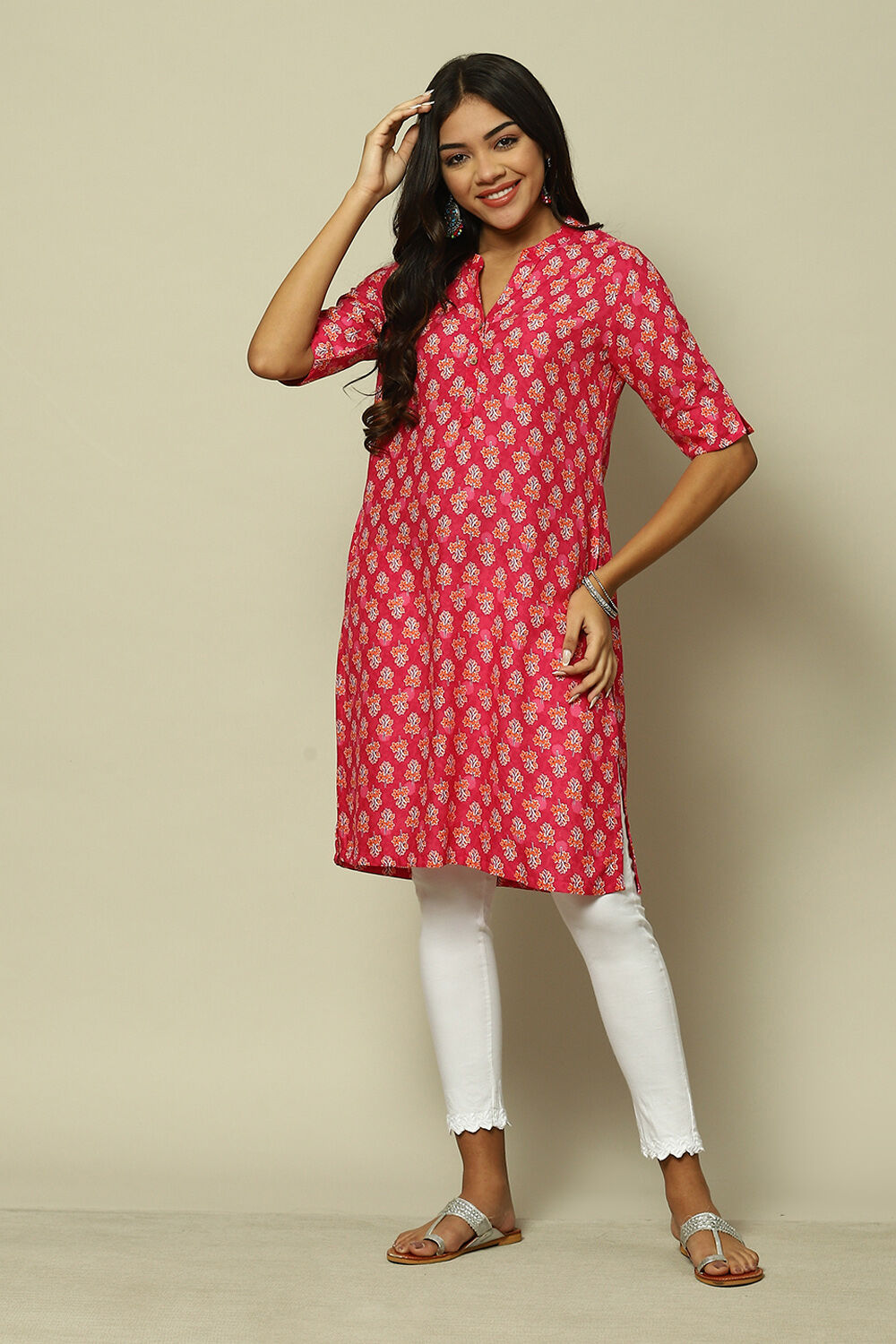 Pink LIVA Straight Printed Kurta image number 0